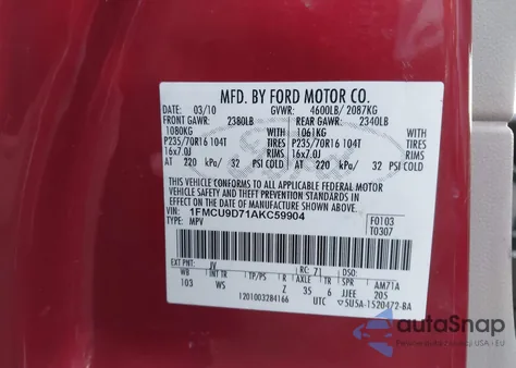 2010 Ford Escape Xlt z USA, uszkodzony, nr VIN 1FMCU9D71AKC59904